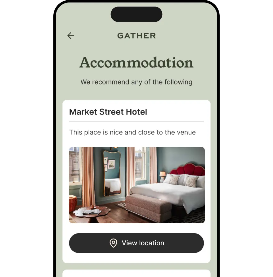 The Gather app accommodation page