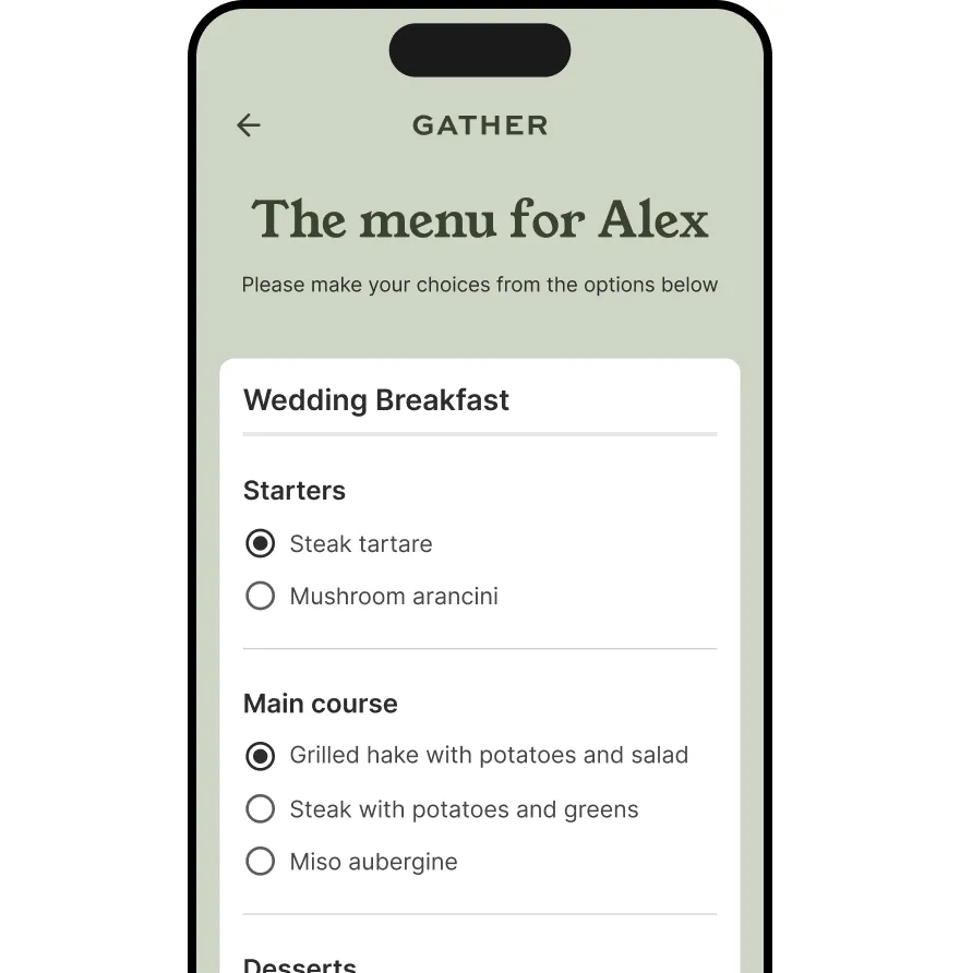 The Gather app accommodation menus page
